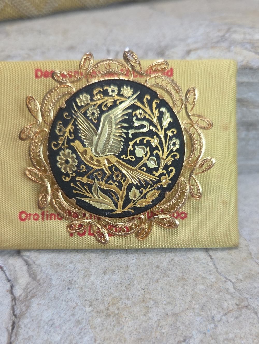 Vintage Toledo Damascene Brooch 24k gold plate and black Enamel Spain